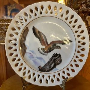Vintage bird decorative plate reticulated edge., cottage